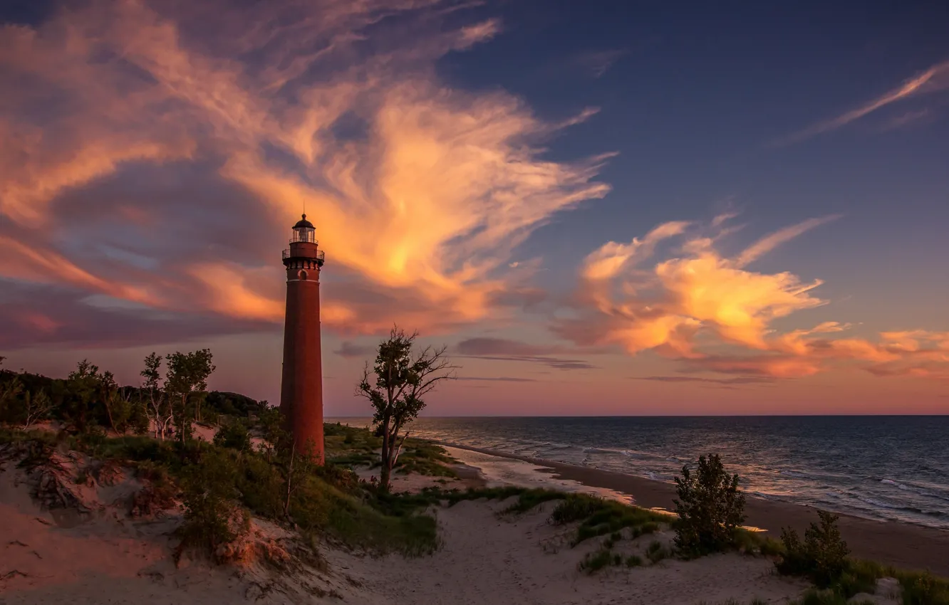 Photo wallpaper sand, beach, clouds, sunset, lighthouse, lake Michigan