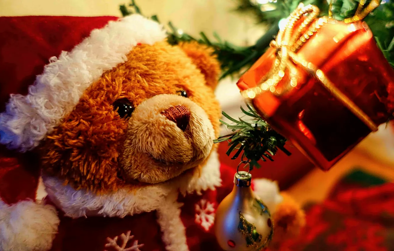 Photo wallpaper holiday, toy, tree, new year, Christmas, bear