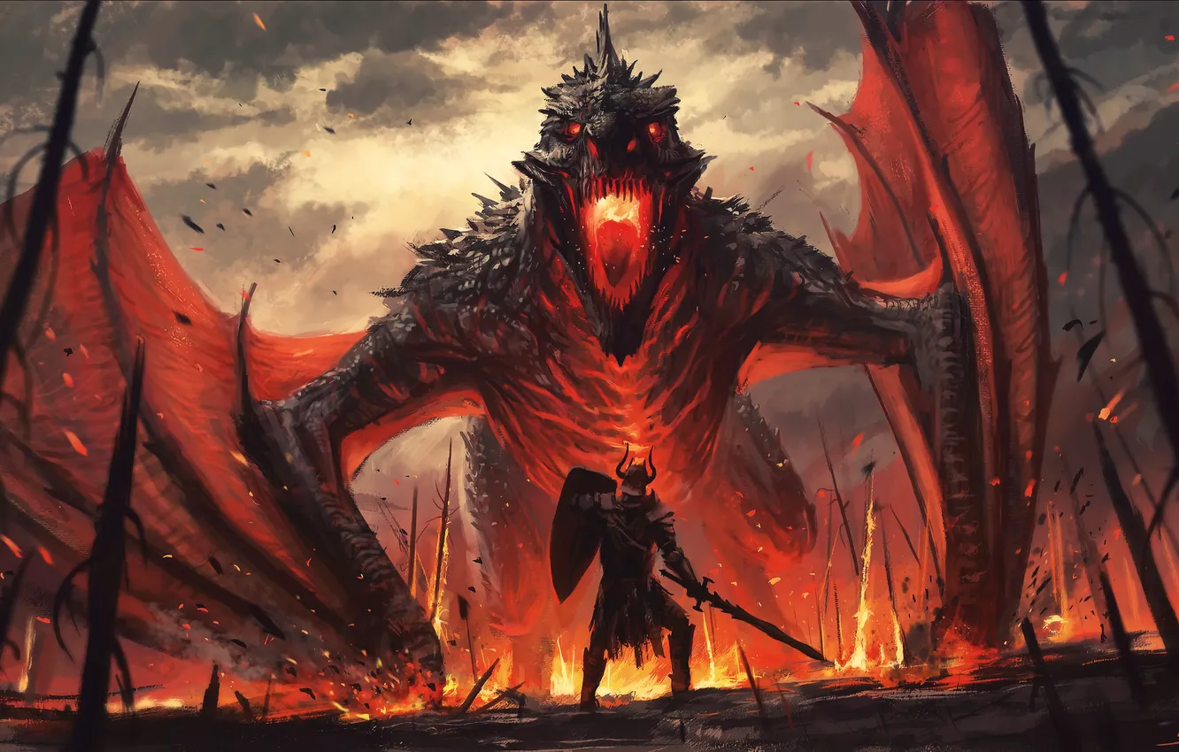 Photo wallpaper fire, sword, fantasy, armor, dragon, artwork, giant, shield