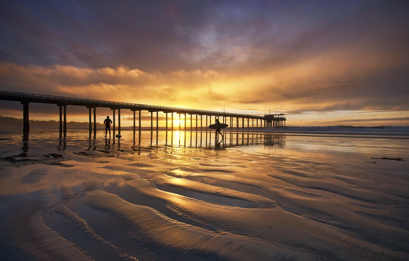 Photo wallpaper sea, landscape, sunset, bridge