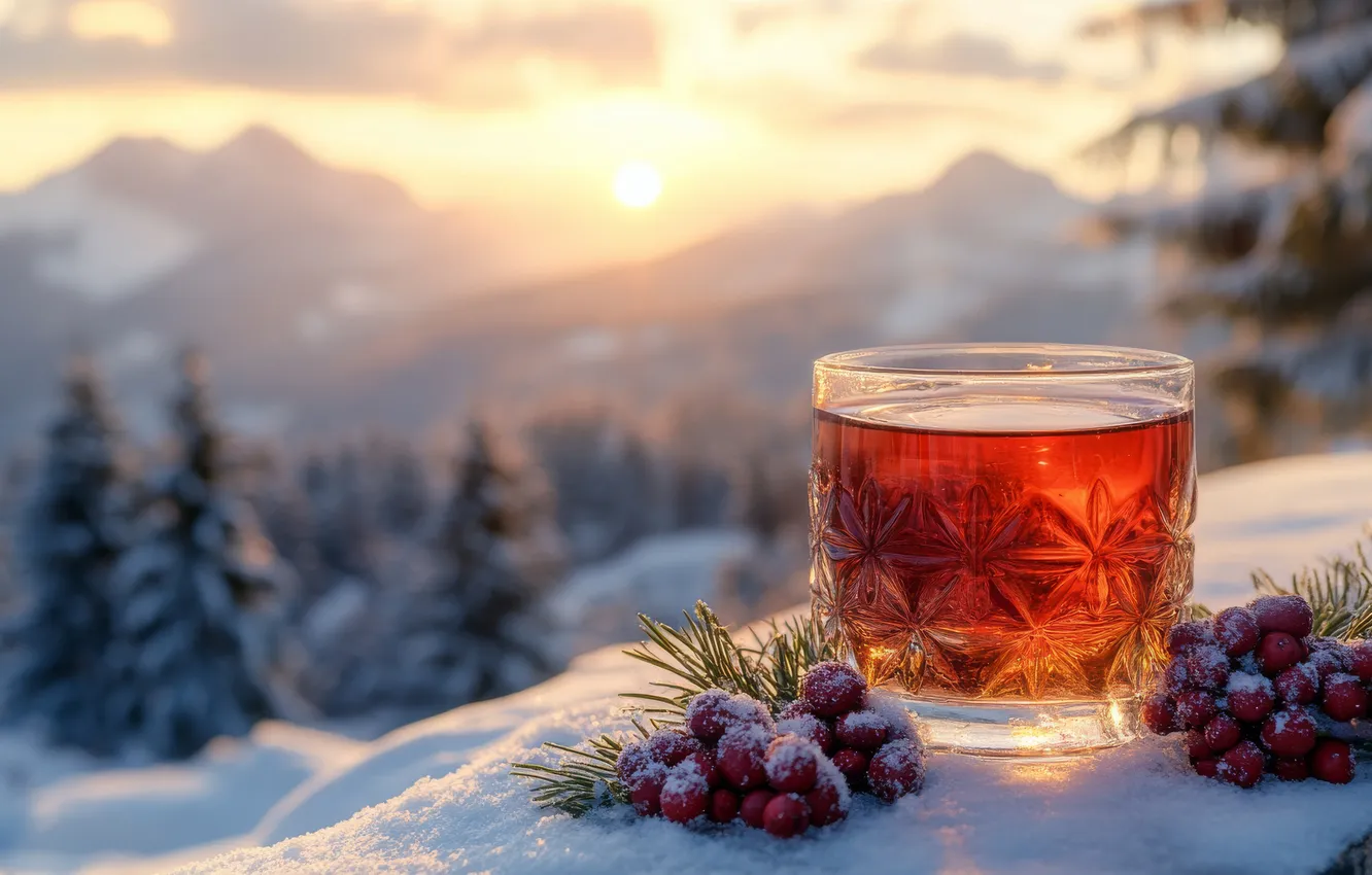 Photo wallpaper winter, forest, glass, the sun, light, snow, mountains, nature