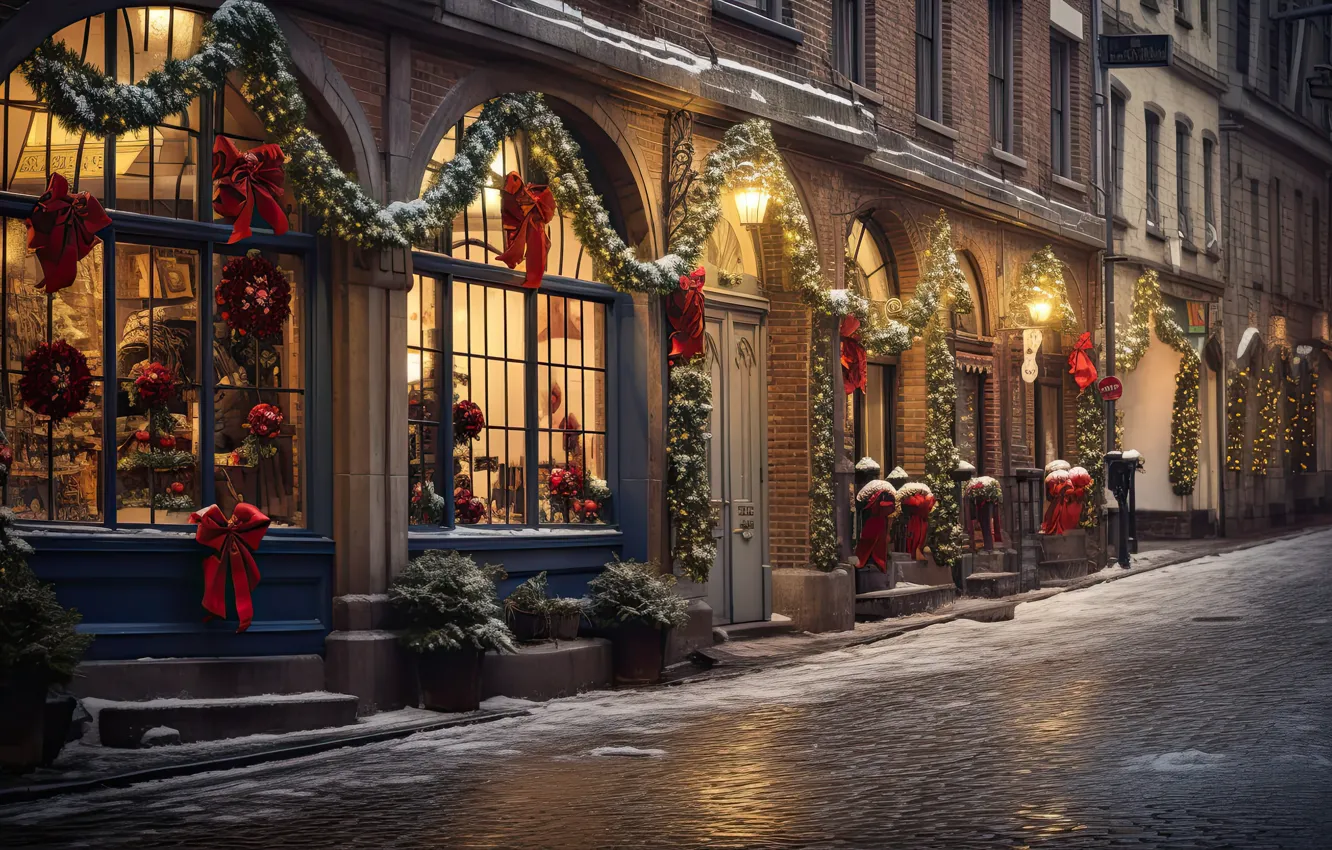 Photo wallpaper winter, snow, decoration, night, the city, lights, balls, street