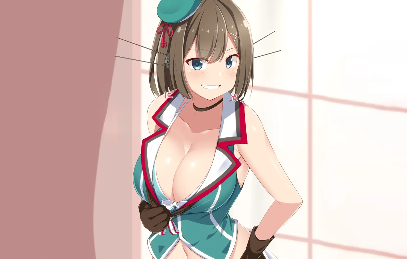 Photo wallpaper girl, sexy, cleavage, blouse, brown hair, boobs, anime, blue eyes