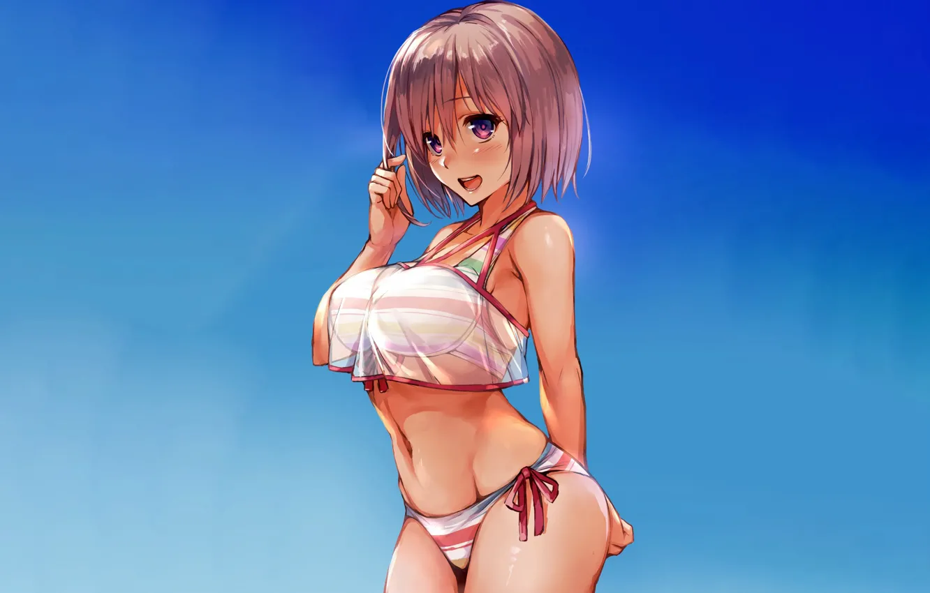 Photo wallpaper girl, sexy, blouse, boobs, anime, beautiful, short hair, purple eyes