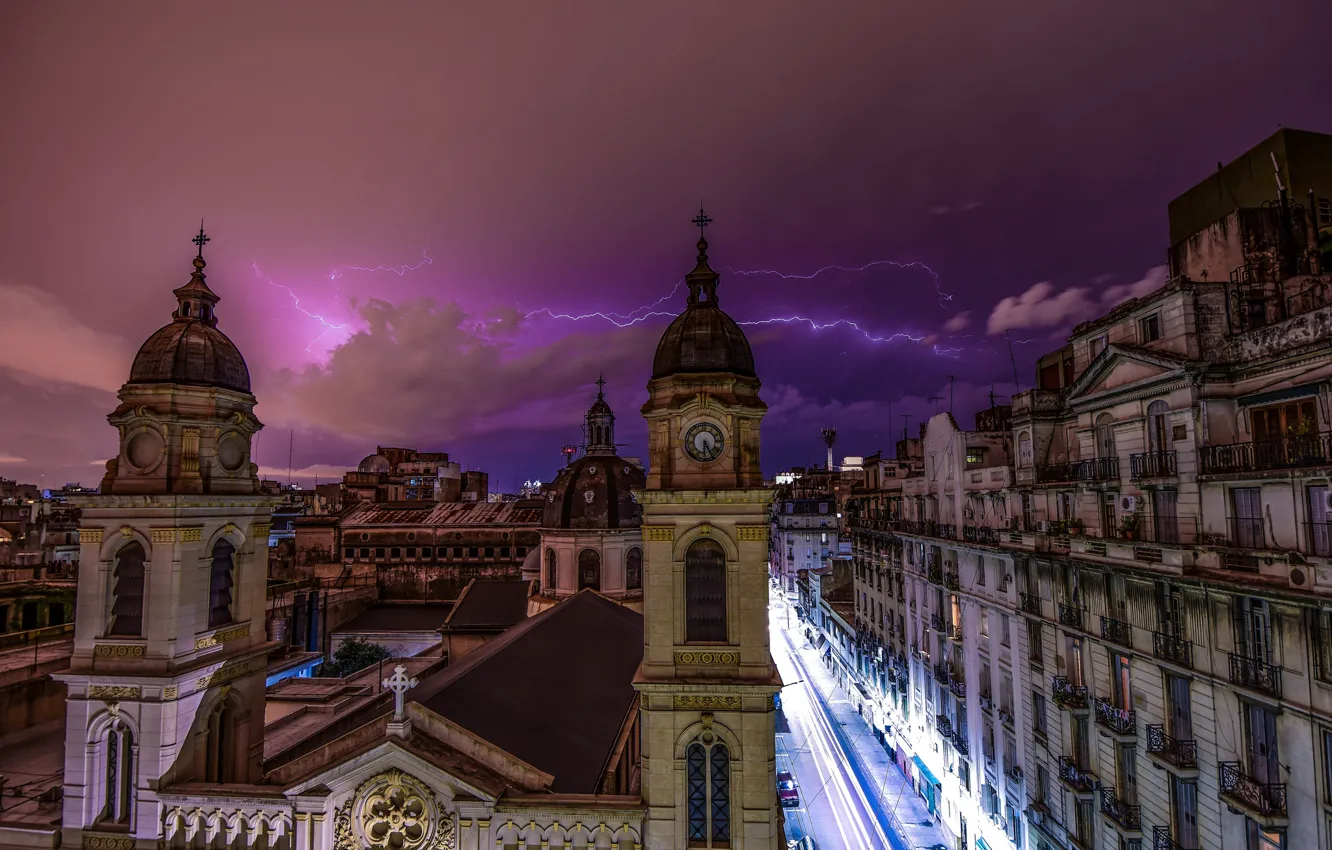 Photo wallpaper the storm, purple, the sky, night, clouds, the city, lightning, architecture
