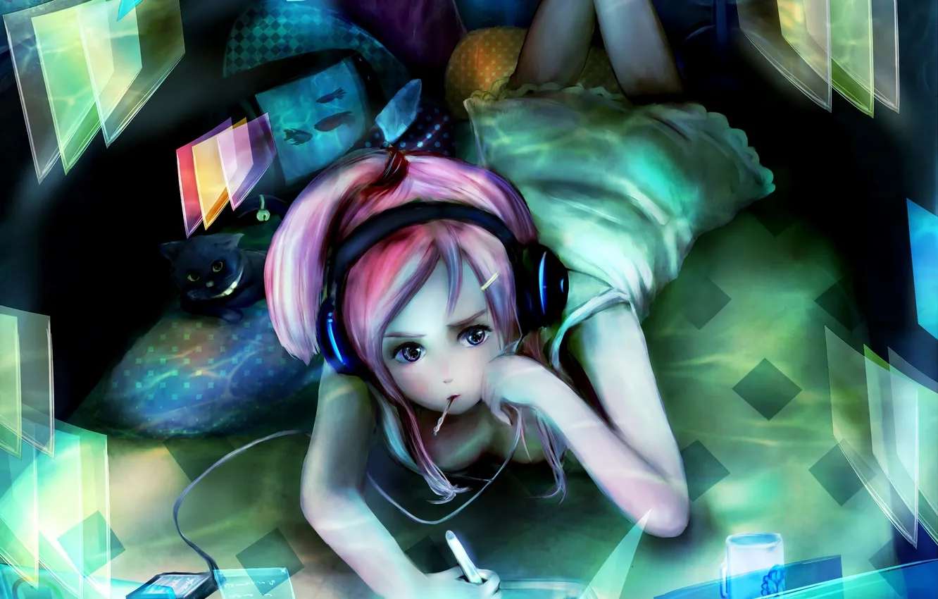Photo wallpaper cat, girl, fish, wire, anime, headphones, art, player