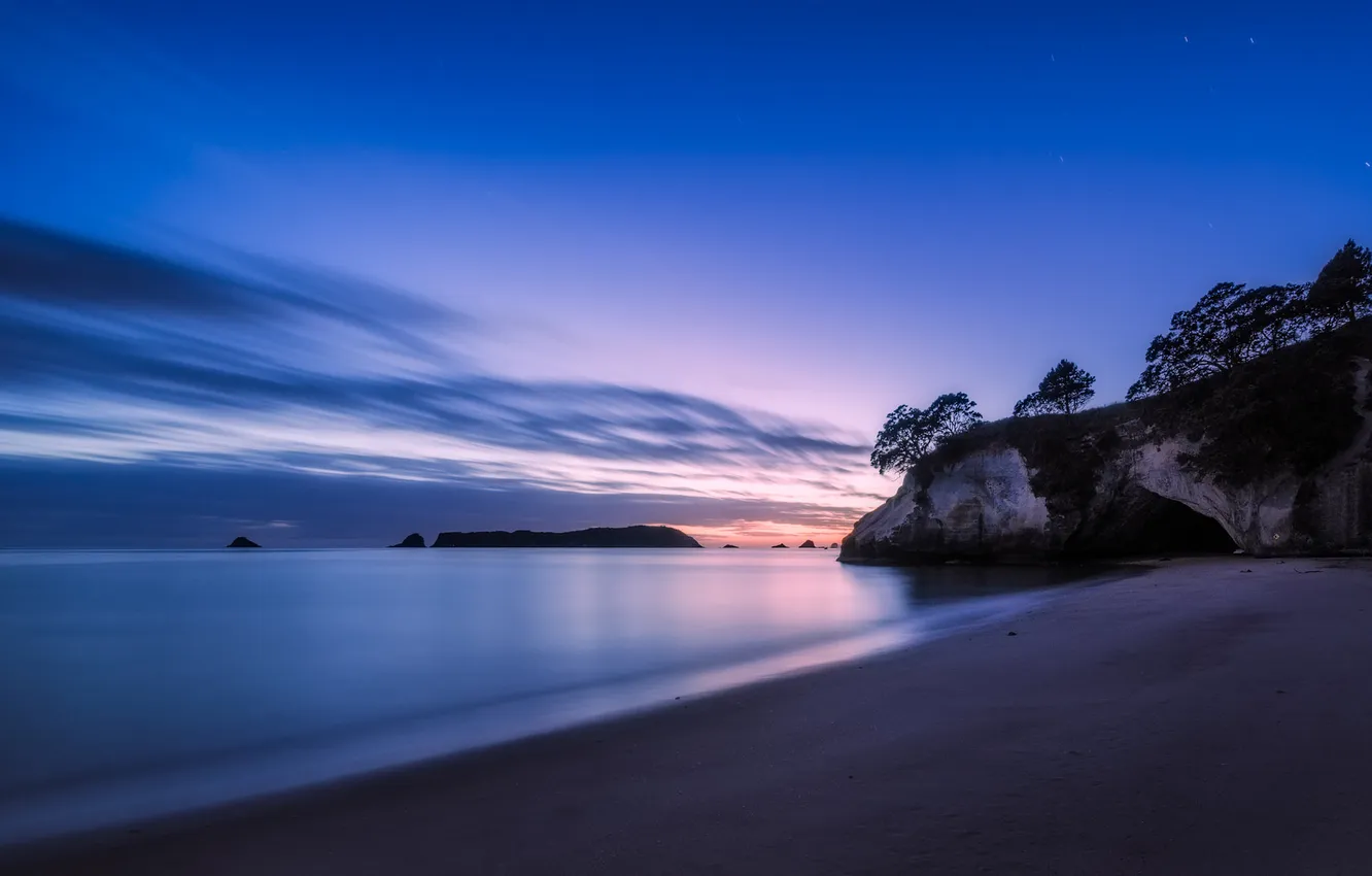 Photo wallpaper sand, sea, the sky, clouds, trees, sunset, rocks, shore