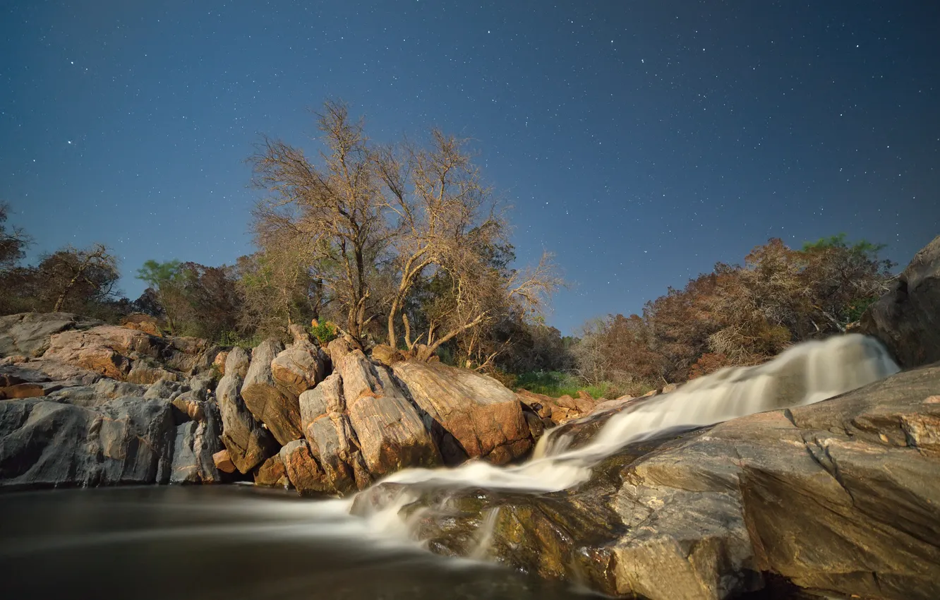 Photo wallpaper the sky, stars, trees, night, river, stones, stream, spring