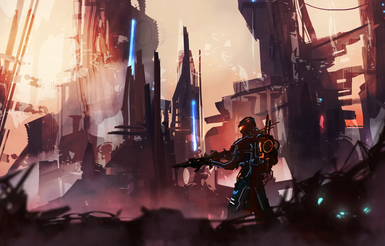 Photo wallpaper landscape, fiction, figure, art, soldiers, landscapes, digital art, TacoSauceNinja