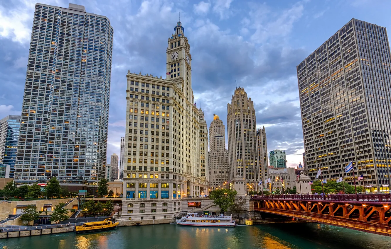 Photo wallpaper bridge, river, building, ships, Chicago, Chicago, Illinois, promenade