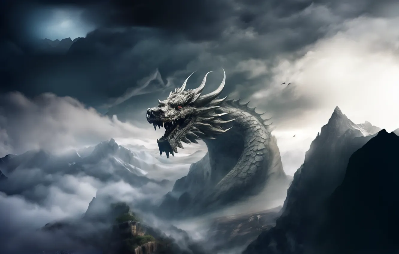 Photo wallpaper landscape, mountains, nature, earth, dragon, fantasy, fantasy art, mountain dragon