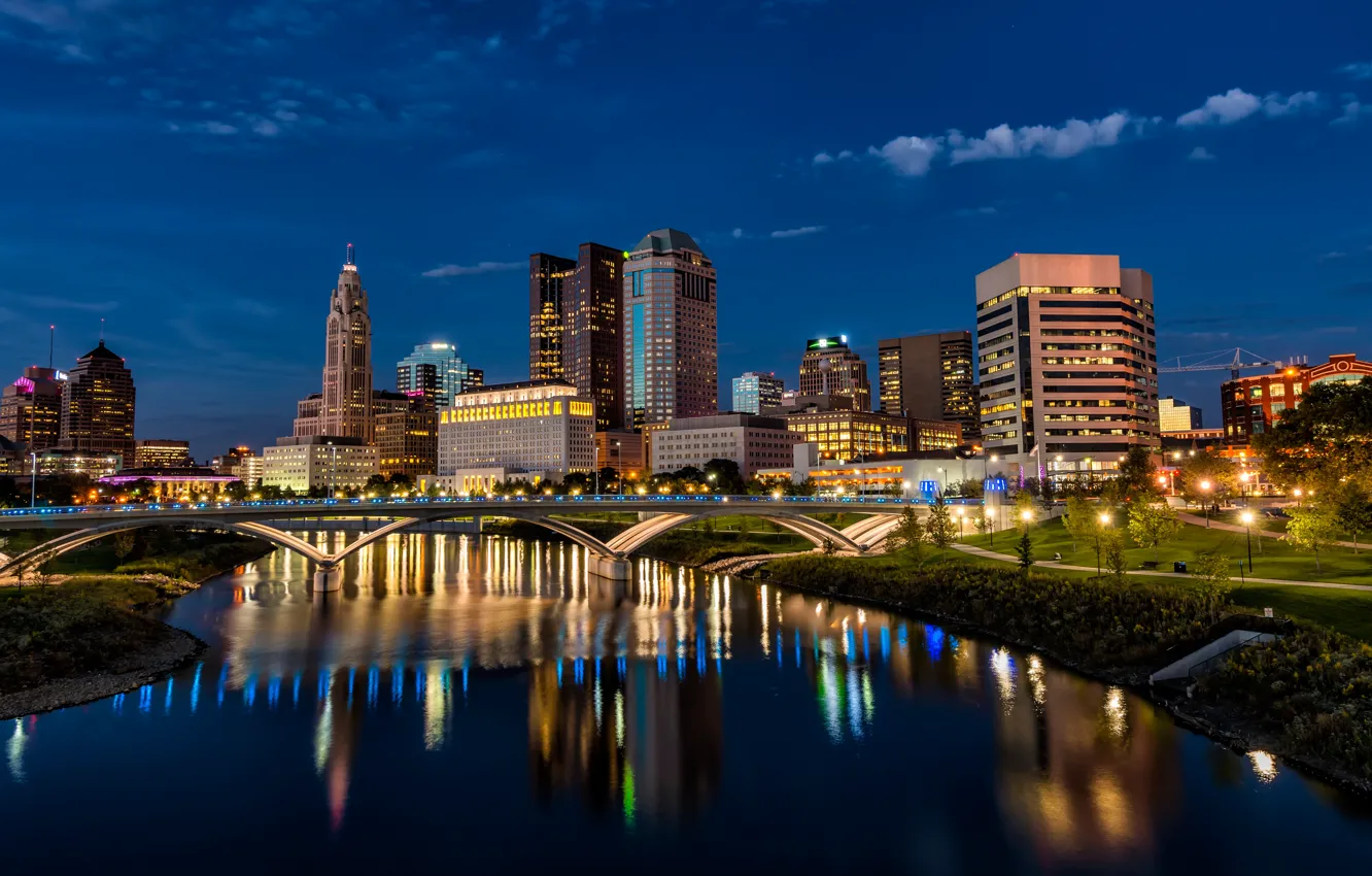 Photo wallpaper reflection, megapolis, Columbus, skyscrapers, shore, the city, lights, tower