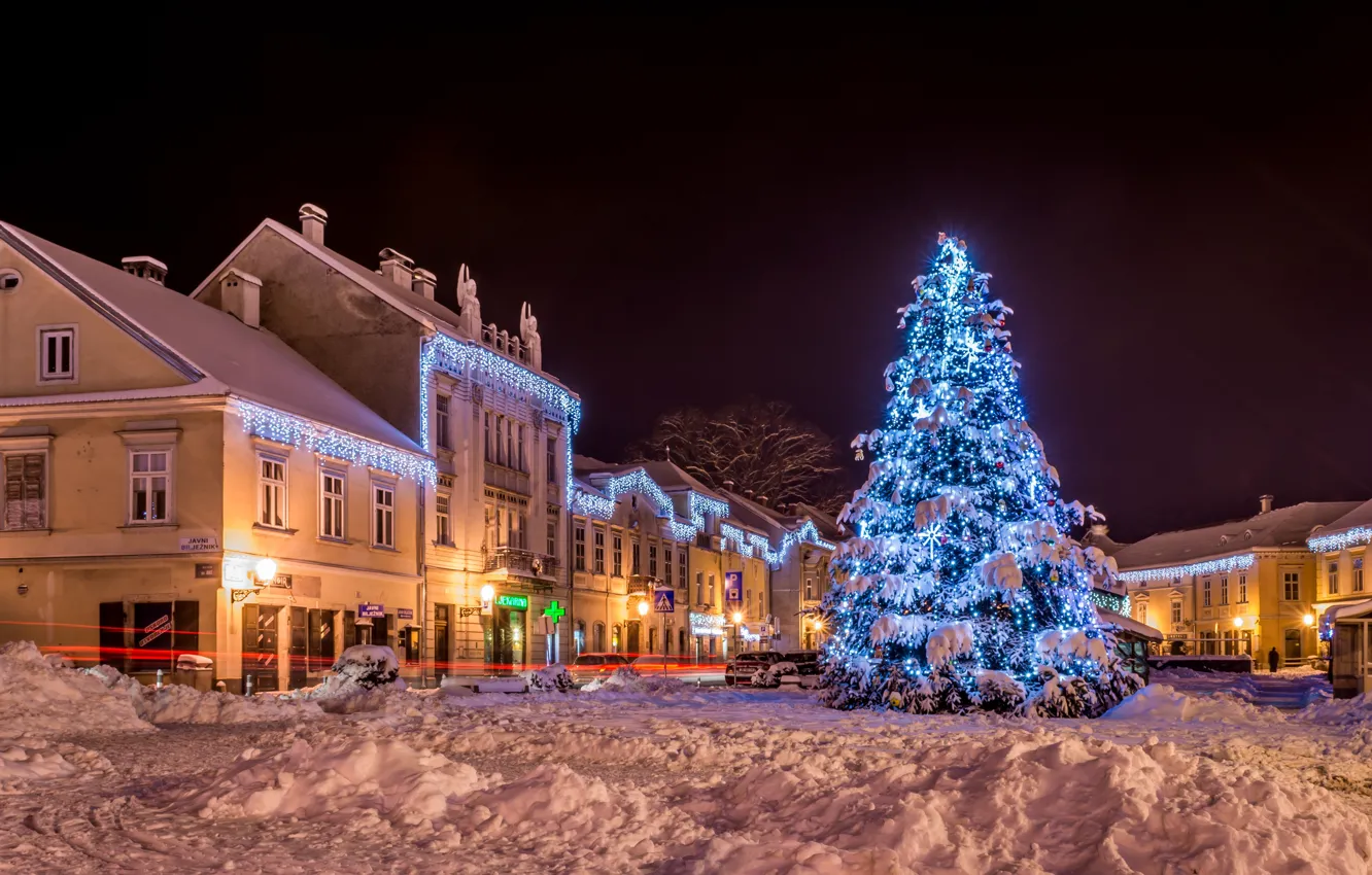Photo wallpaper winter, snow, night, the city, street, tree, new year, home