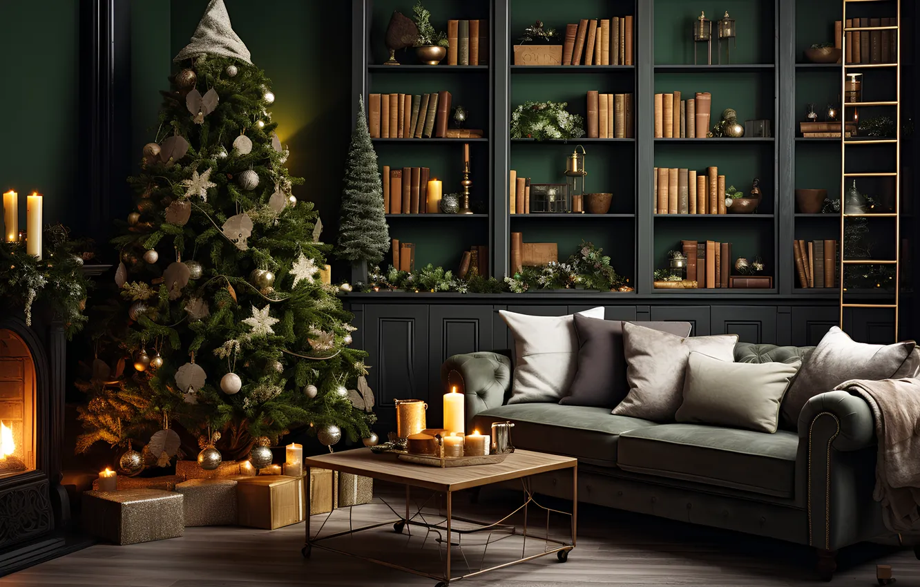 Photo wallpaper room, tree, new year, interior, Christmas, Christmas, tree, interior