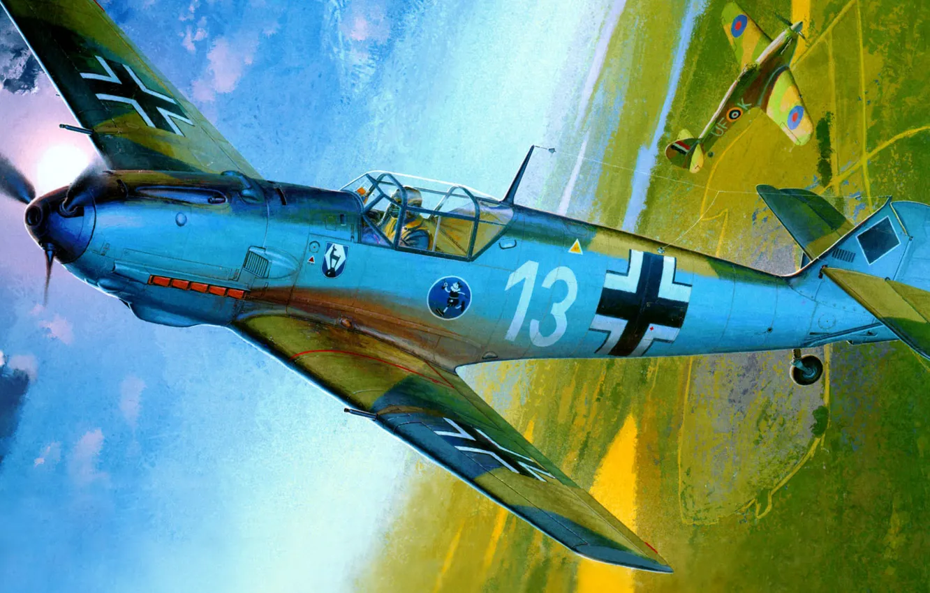 Photo wallpaper figure, art, Messerschmitt, Hurricane, Luftwaffe, Emil, Hawker, British single-seat fighter