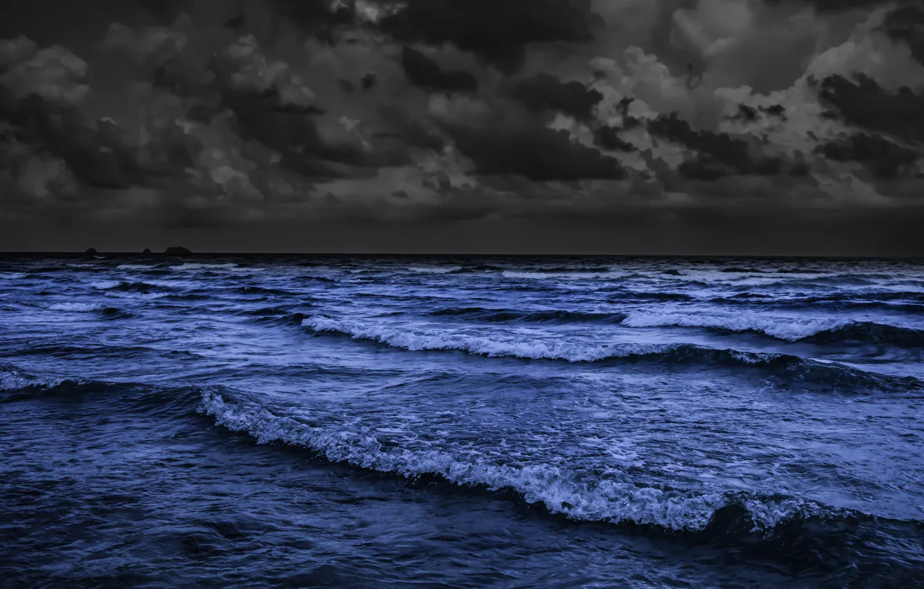 Photo wallpaper sea, wave, clouds, darkness, horizon, twilight