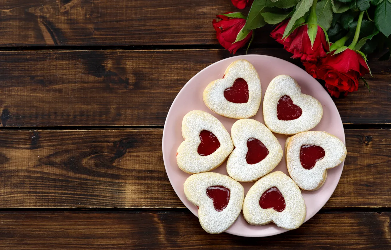 Photo wallpaper red, roses, bouquet, cookies, hearts, jam, Timolina