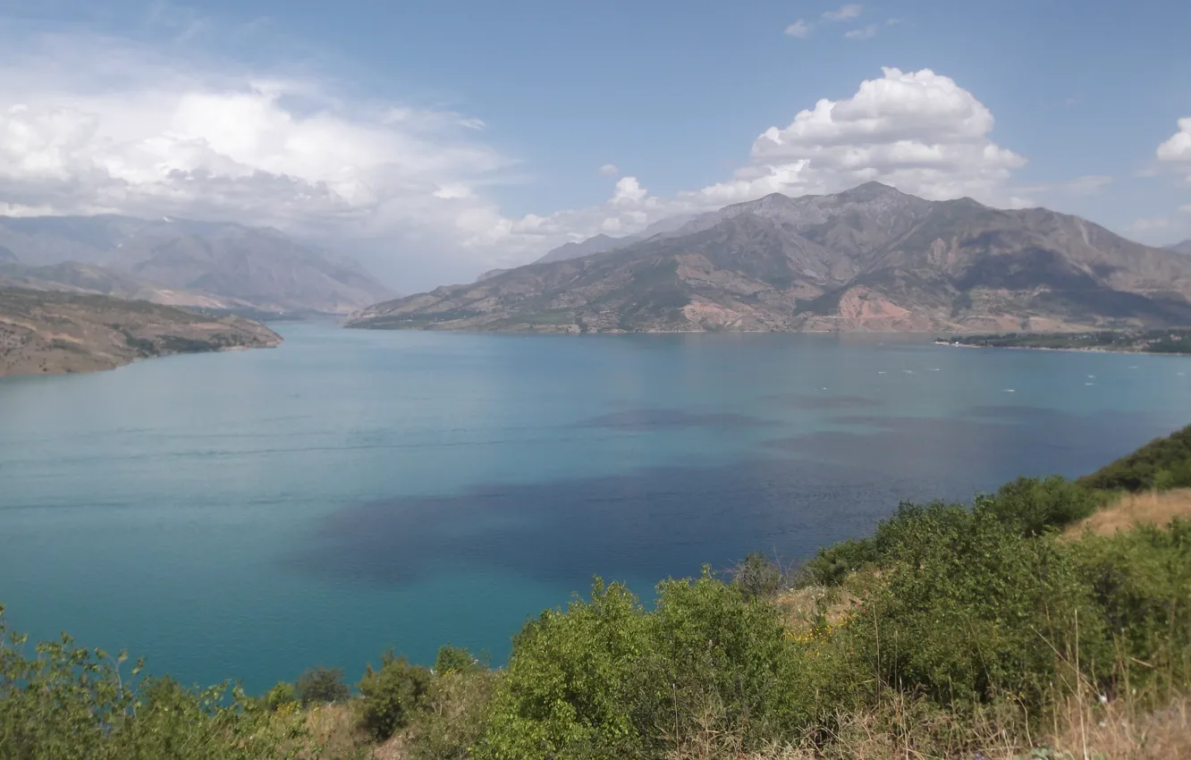 Photo wallpaper clouds, landscape, mountains, lake