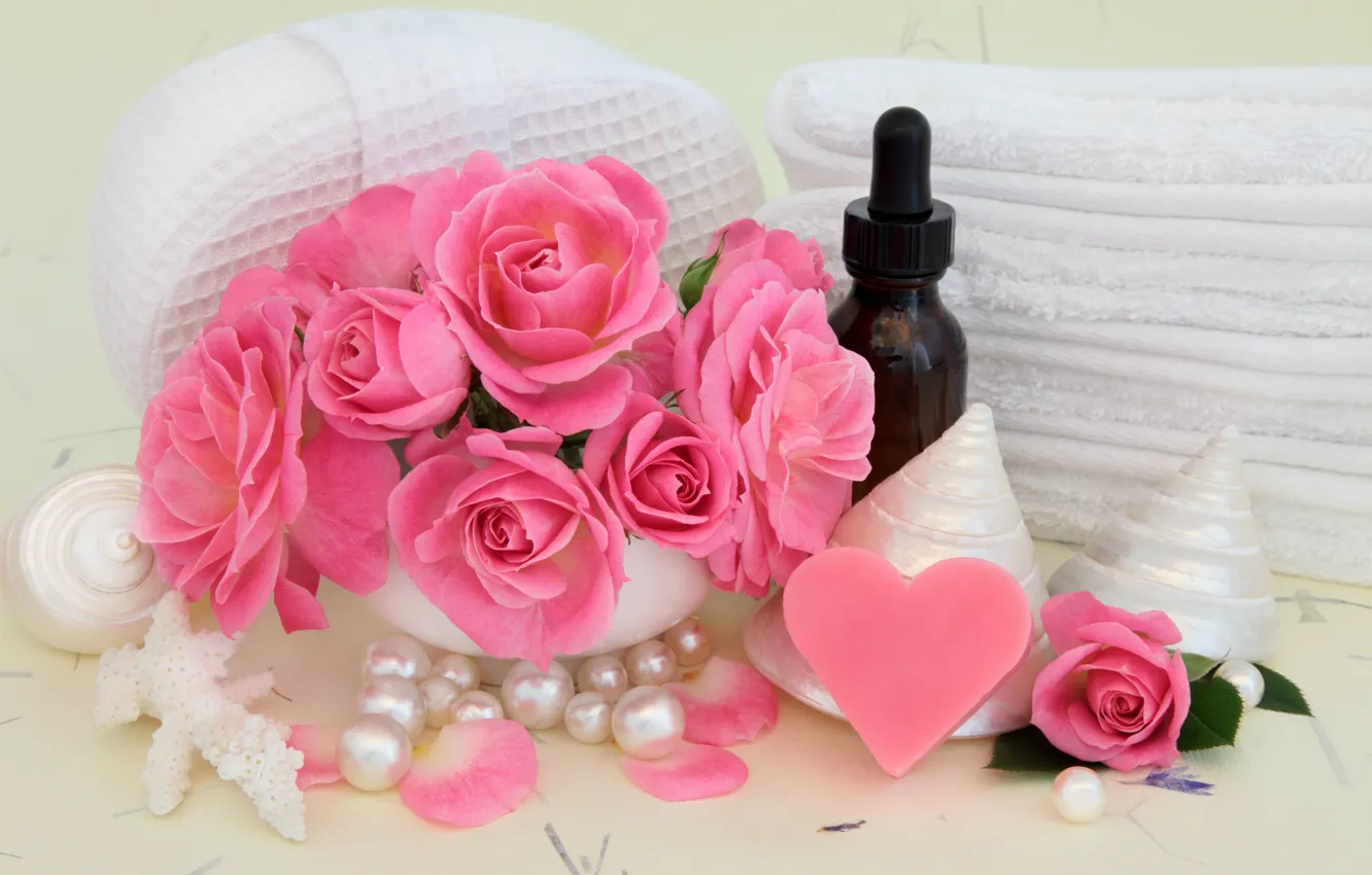 Photo wallpaper flowers, soap, shell, soap, pink, flowers, bath, hearts