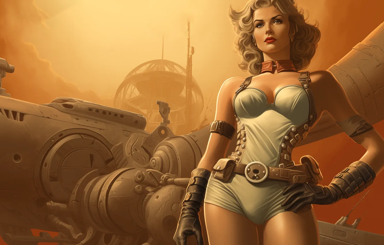 Photo wallpaper women, standing, thighs, curly hair, looking away, pinup models, closed mouth, AI Art