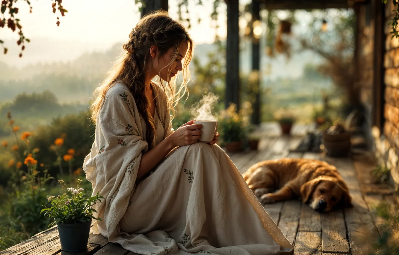 Photo wallpaper girl, light, flowers, nature, pose, fog, hills, tea