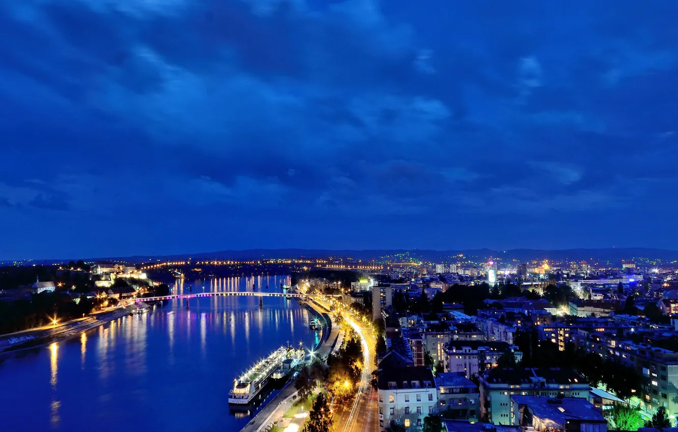 Photo wallpaper road, night, bridge, channel, Serbia, Novi Sad