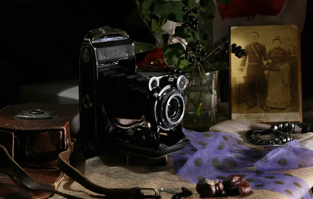 Photo wallpaper old, style, retro, berries, the dark background, table, bouquet, the camera