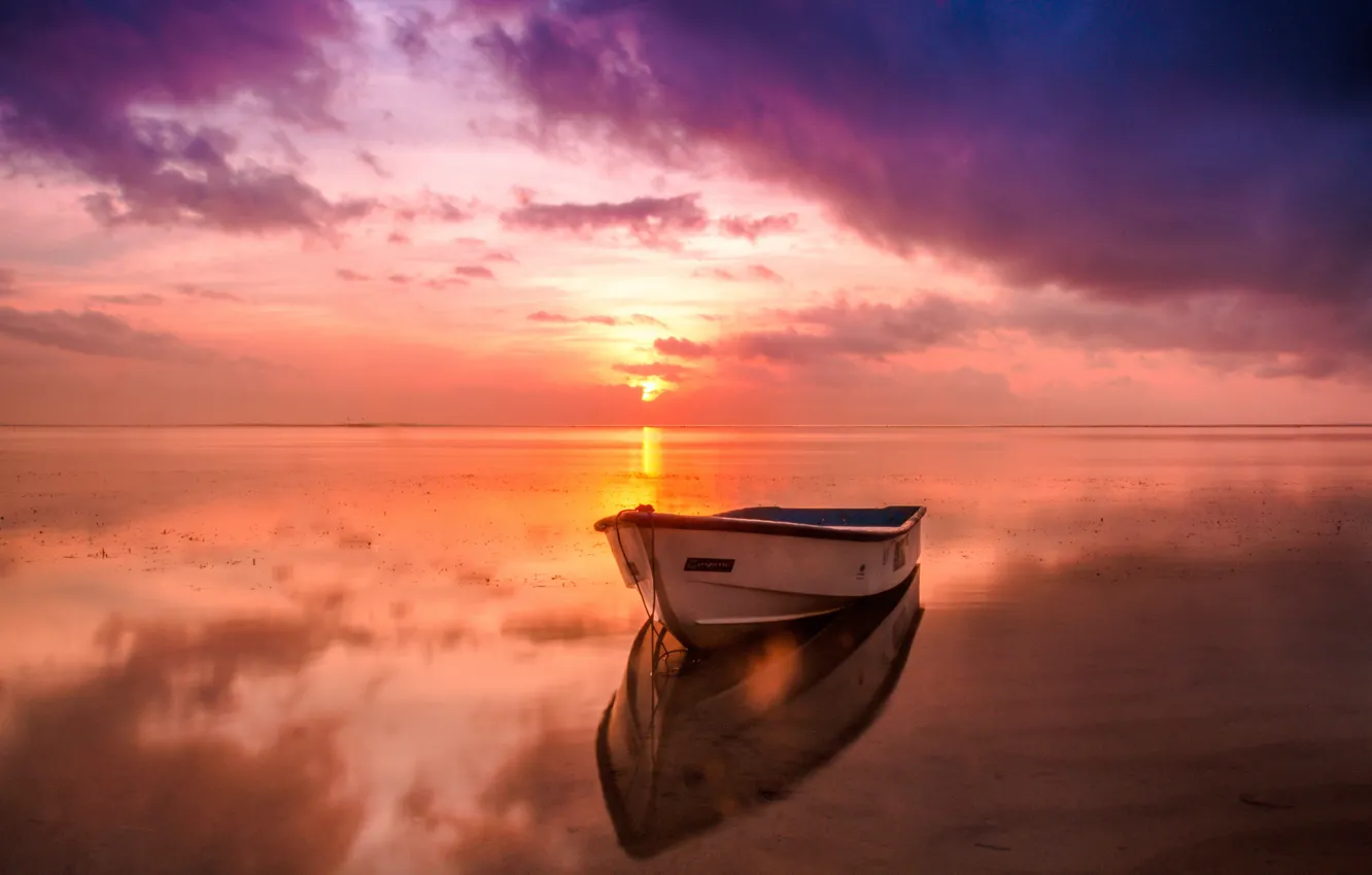 Photo wallpaper the sky, water, sunset, photo, boat