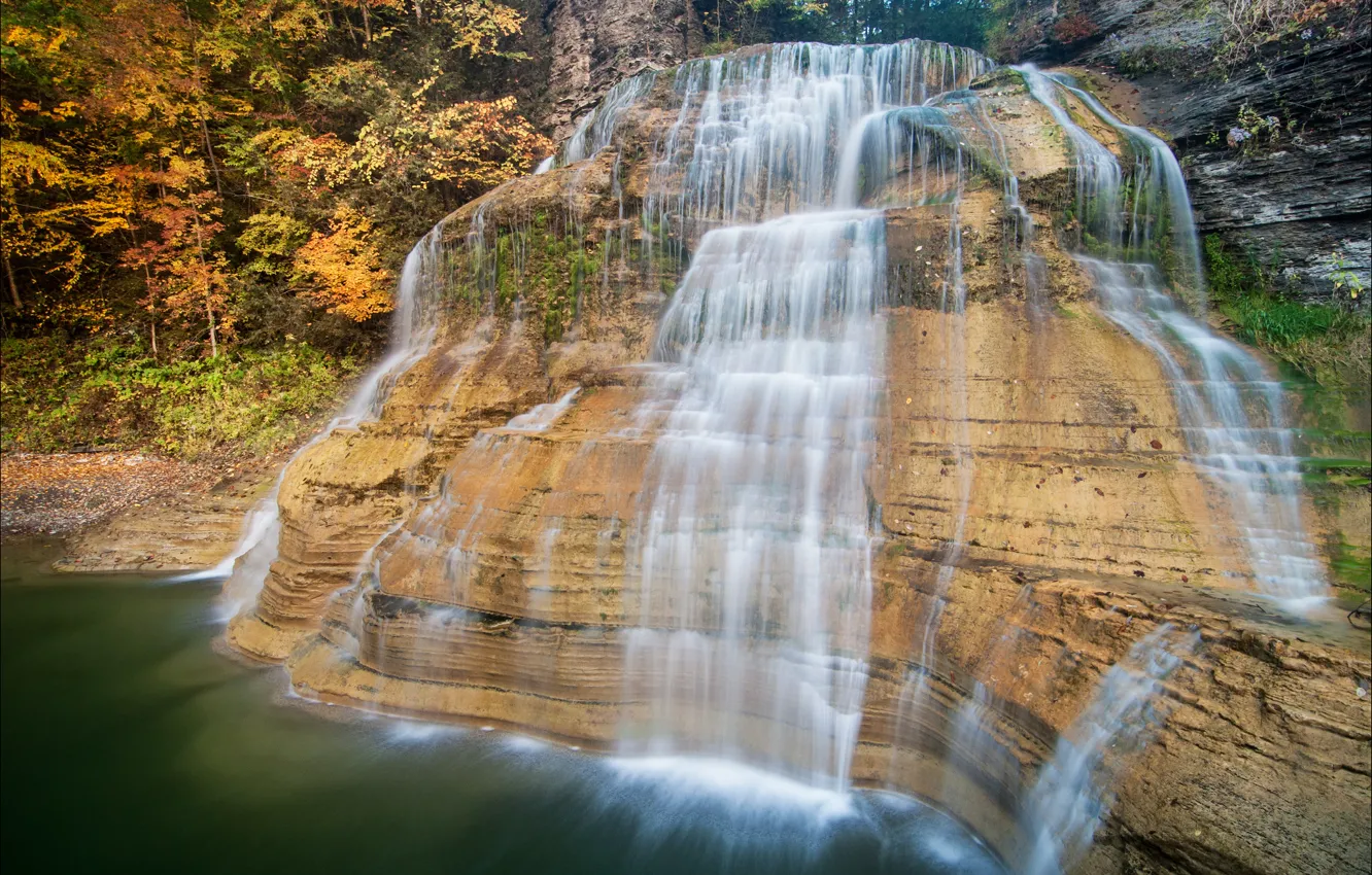 Photo wallpaper autumn, forest, rocks, waterfall