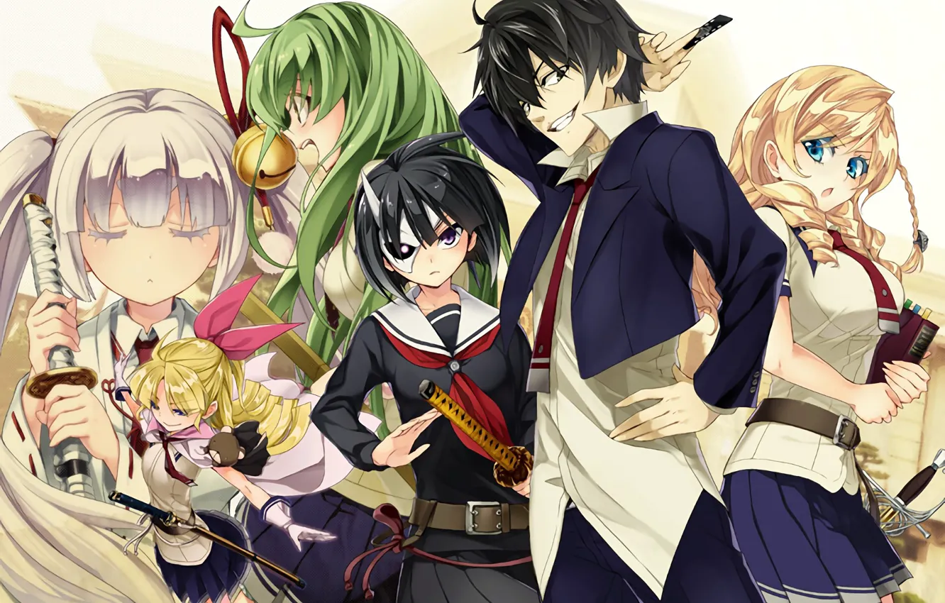 Photo wallpaper girl, sword, anime, katana, ken, blade, mask, seifuku