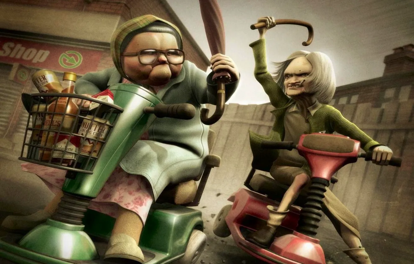 Photo wallpaper umbrella, grandma, battle, moped