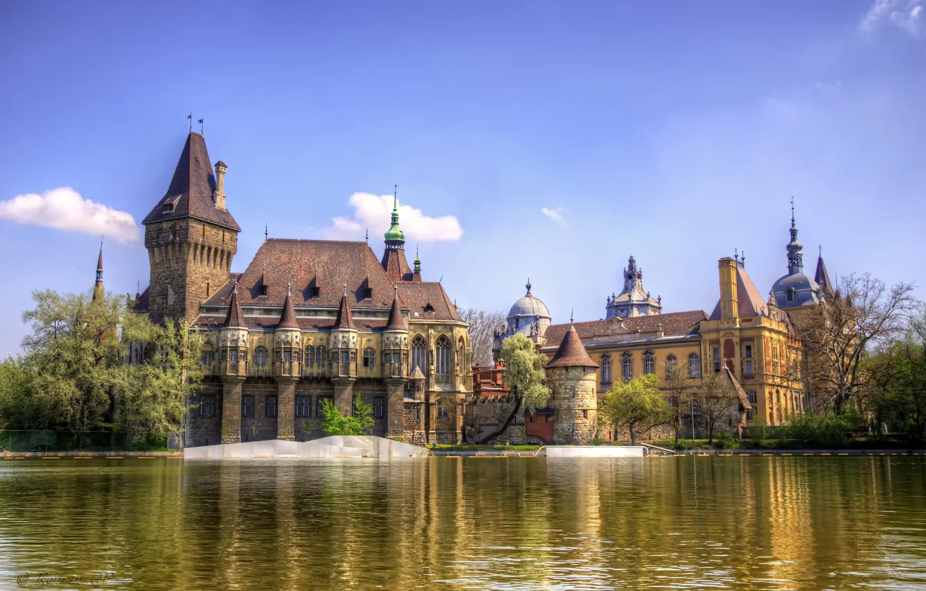Photo wallpaper the sky, clouds, trees, river, castle, tower, Budapest