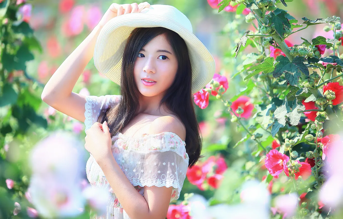 Photo wallpaper summer, girl, face, hair, hat, Asian