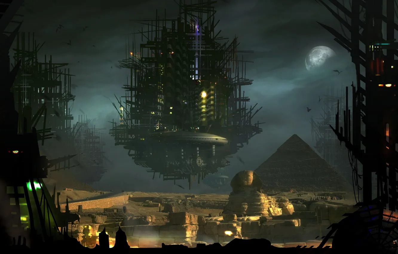 Photo wallpaper the city, future, the moon, pyramid, Sphinx