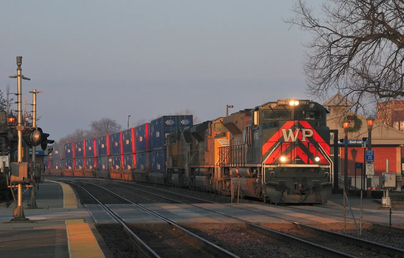 Photo wallpaper Tree, Locomotive, House, Morning, Train, Lights, The building, Rails