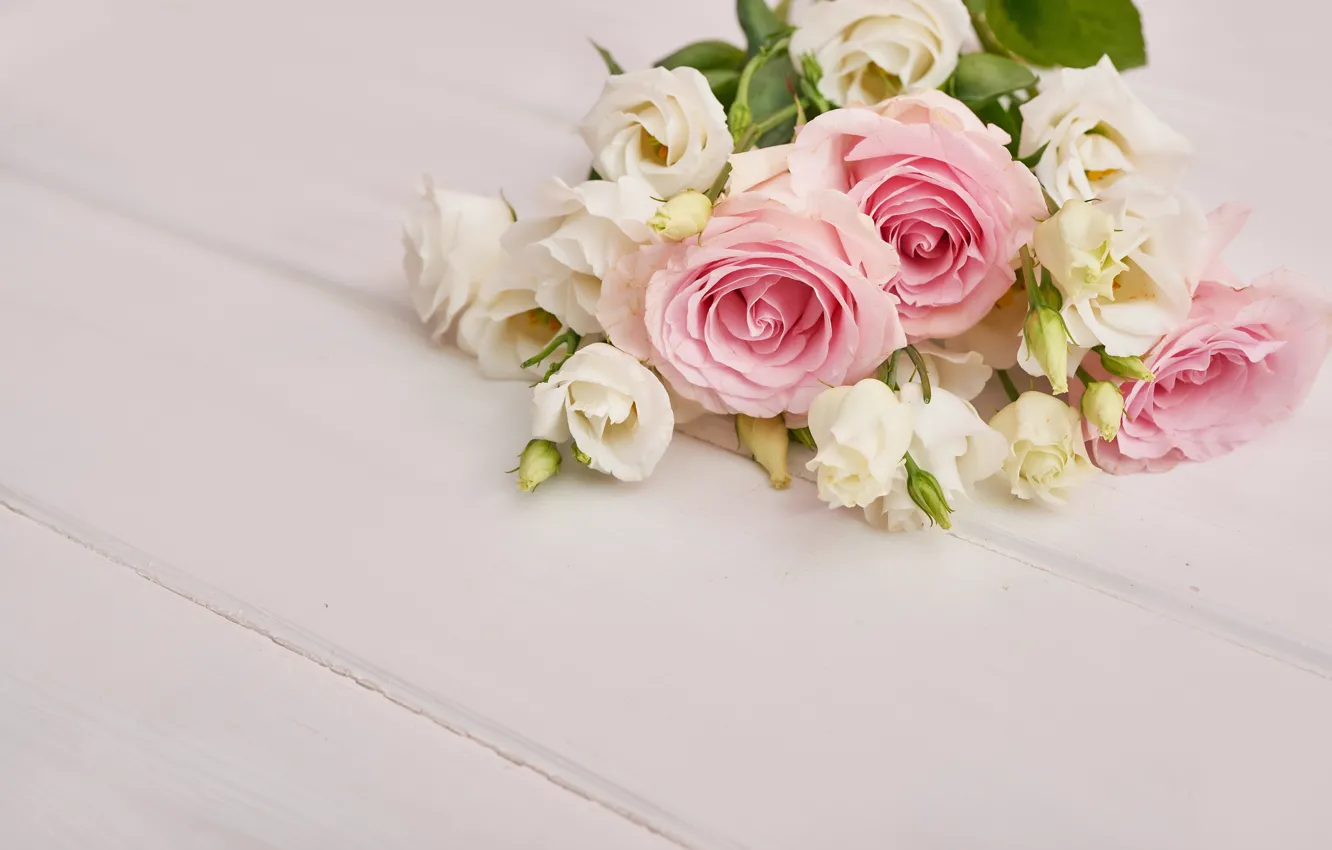 Photo wallpaper white, background, roses, bouquet, eustoma, Yarovoy Aleksandr