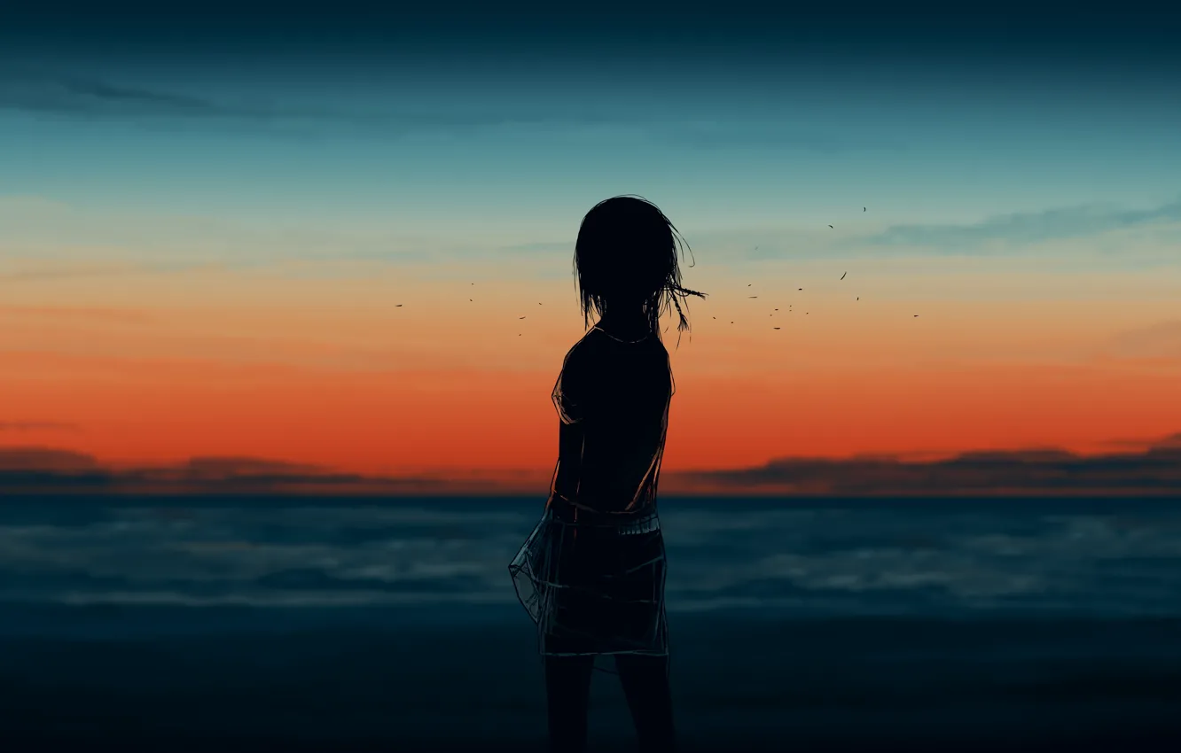Photo wallpaper sea, the sky, sunset, girl, postapokalipsis