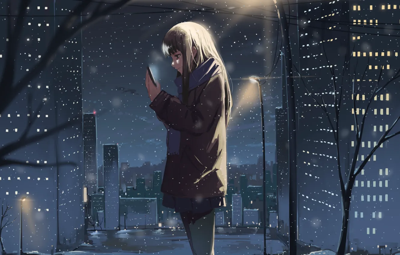 Photo wallpaper winter, girl, snow, the city, smartphone