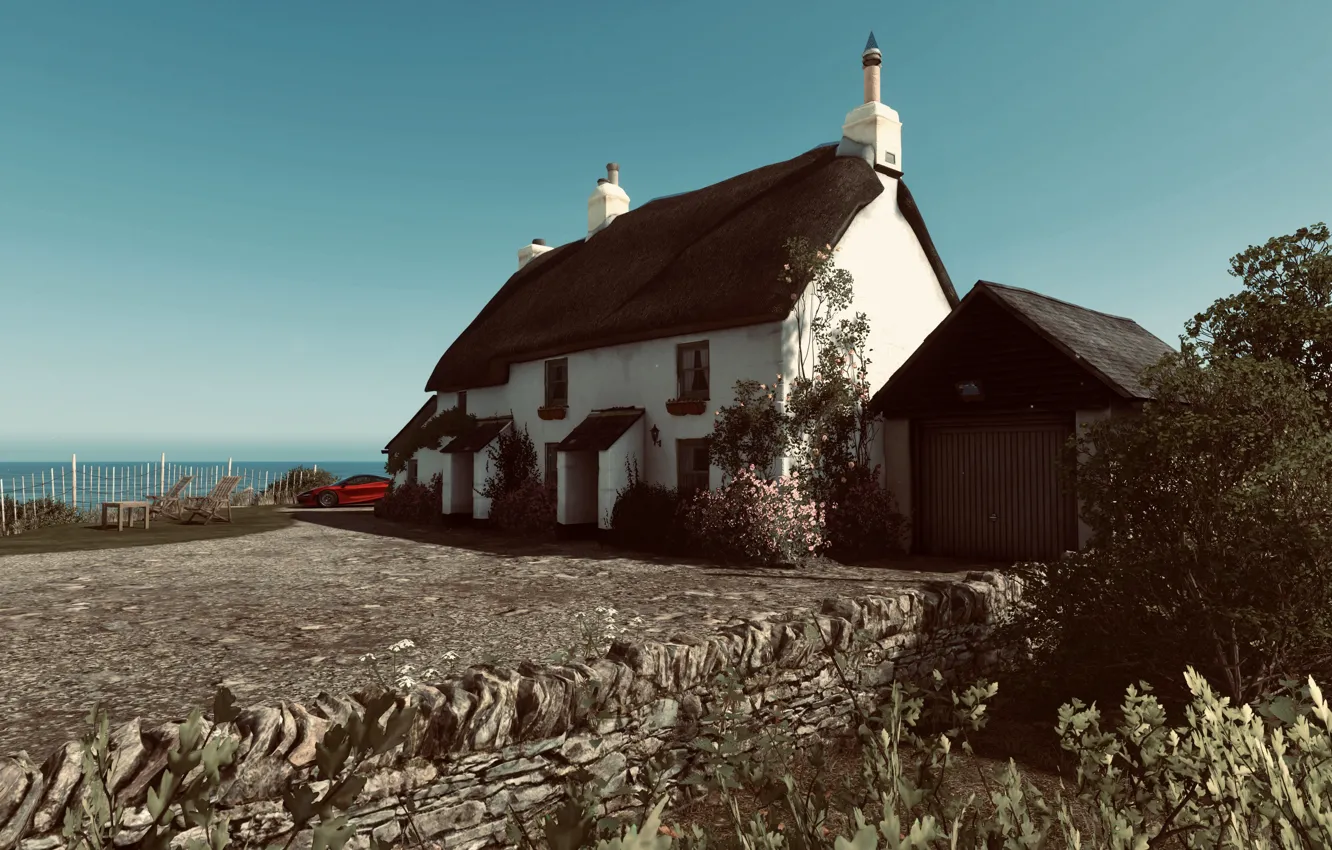 Photo wallpaper McLaren, House, Sky, Landscape, Beach, Game, 720, Filter