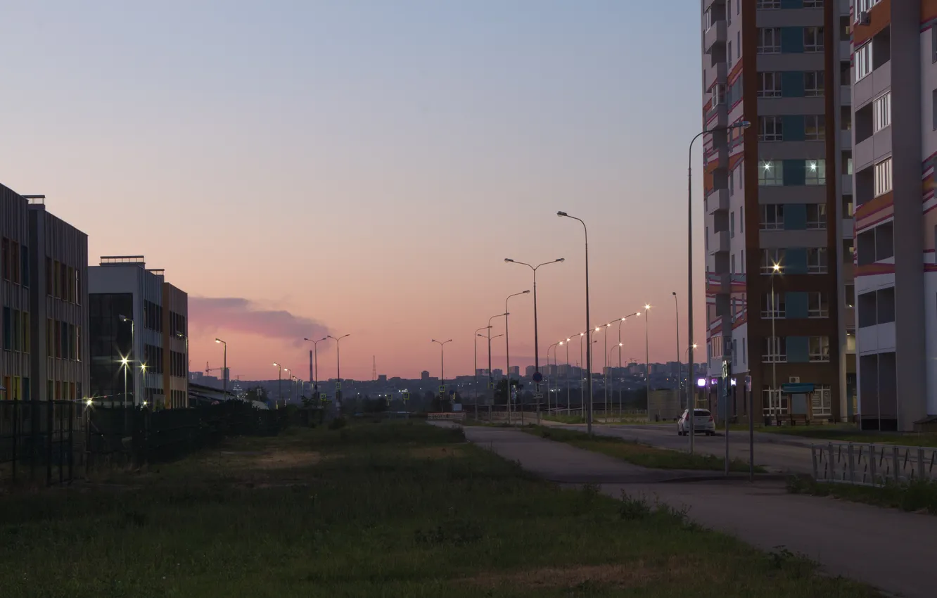 Photo wallpaper road, summer, the sky, building, home, the evening, Russia, twilight