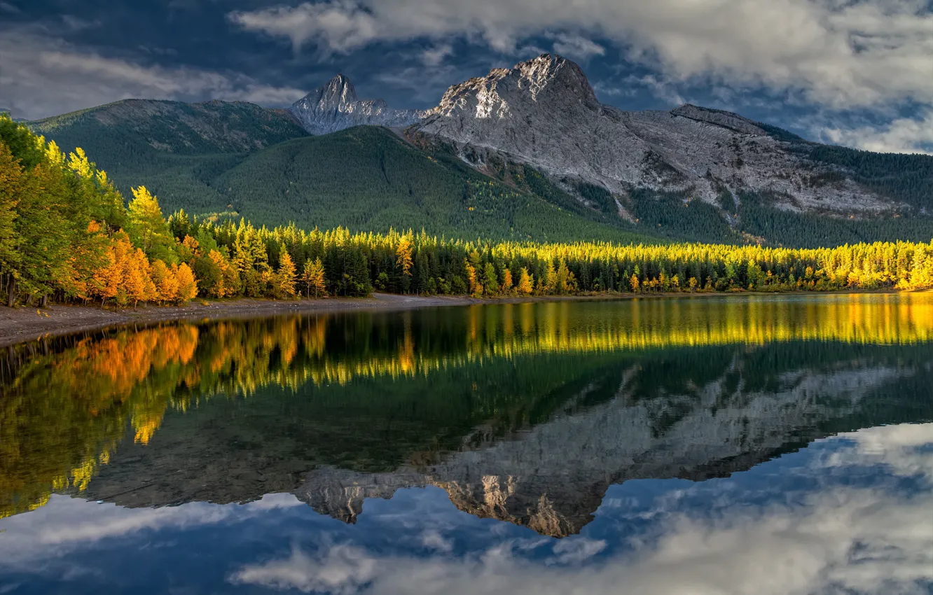Photo wallpaper autumn, forest, the sky, mountains, nature, lake, reflection, Canada