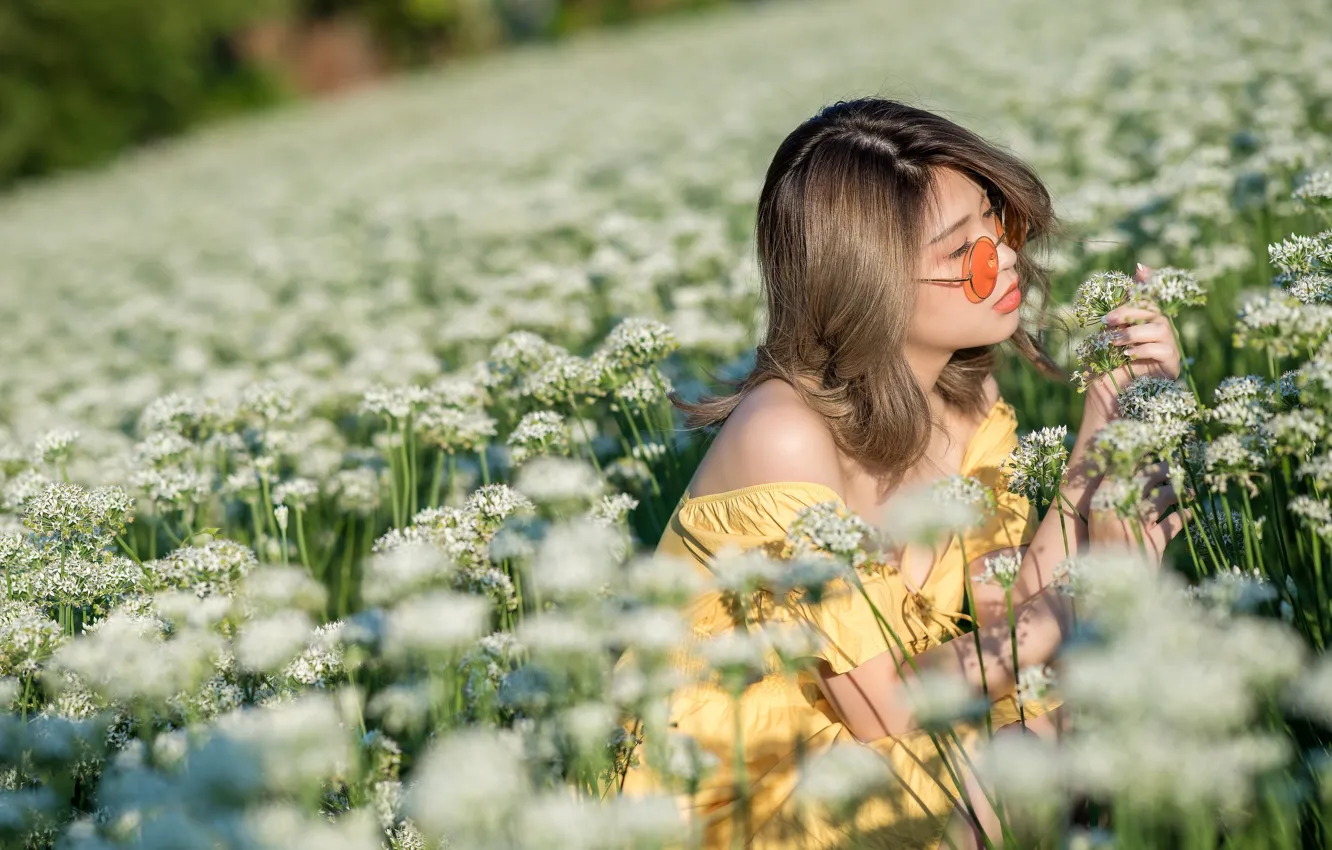 Photo wallpaper field, girl, flowers, Asian, cutie, bokeh