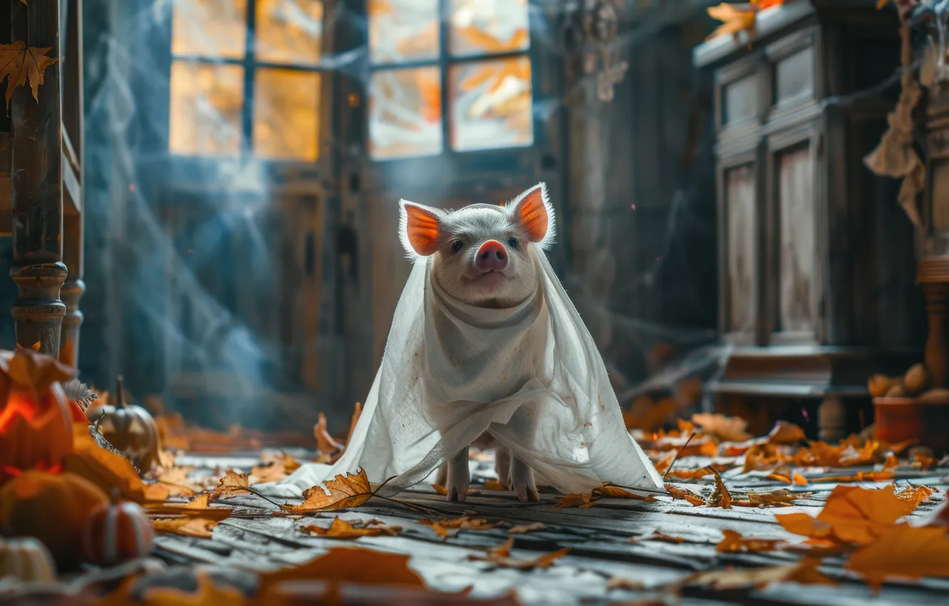 Photo wallpaper Halloween, pig, neural network, pig, look, holiday, AI art, autumn