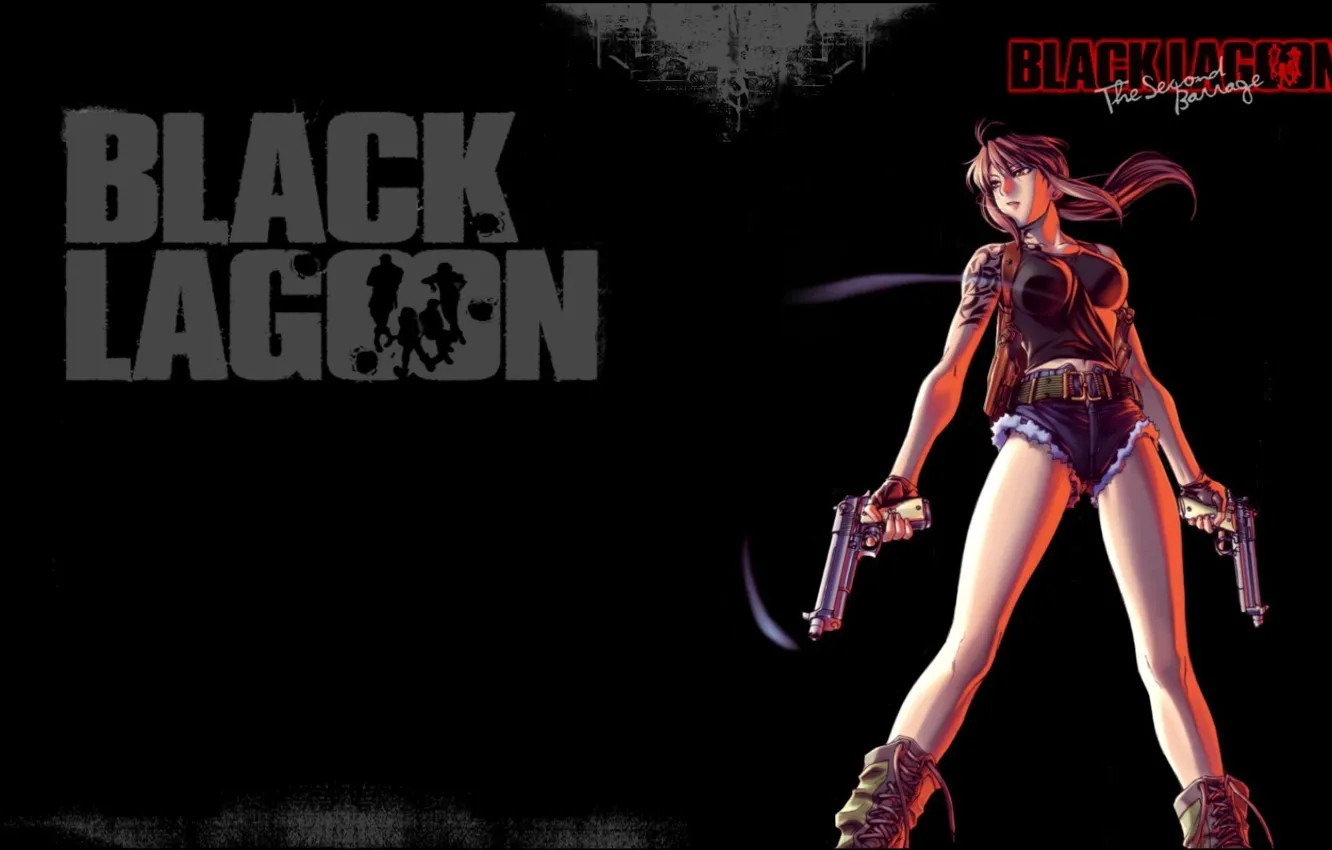 Photo wallpaper guns, tattoo, Black Lagoon, Revy, black background, pirates of the black lagoon, holster, cool