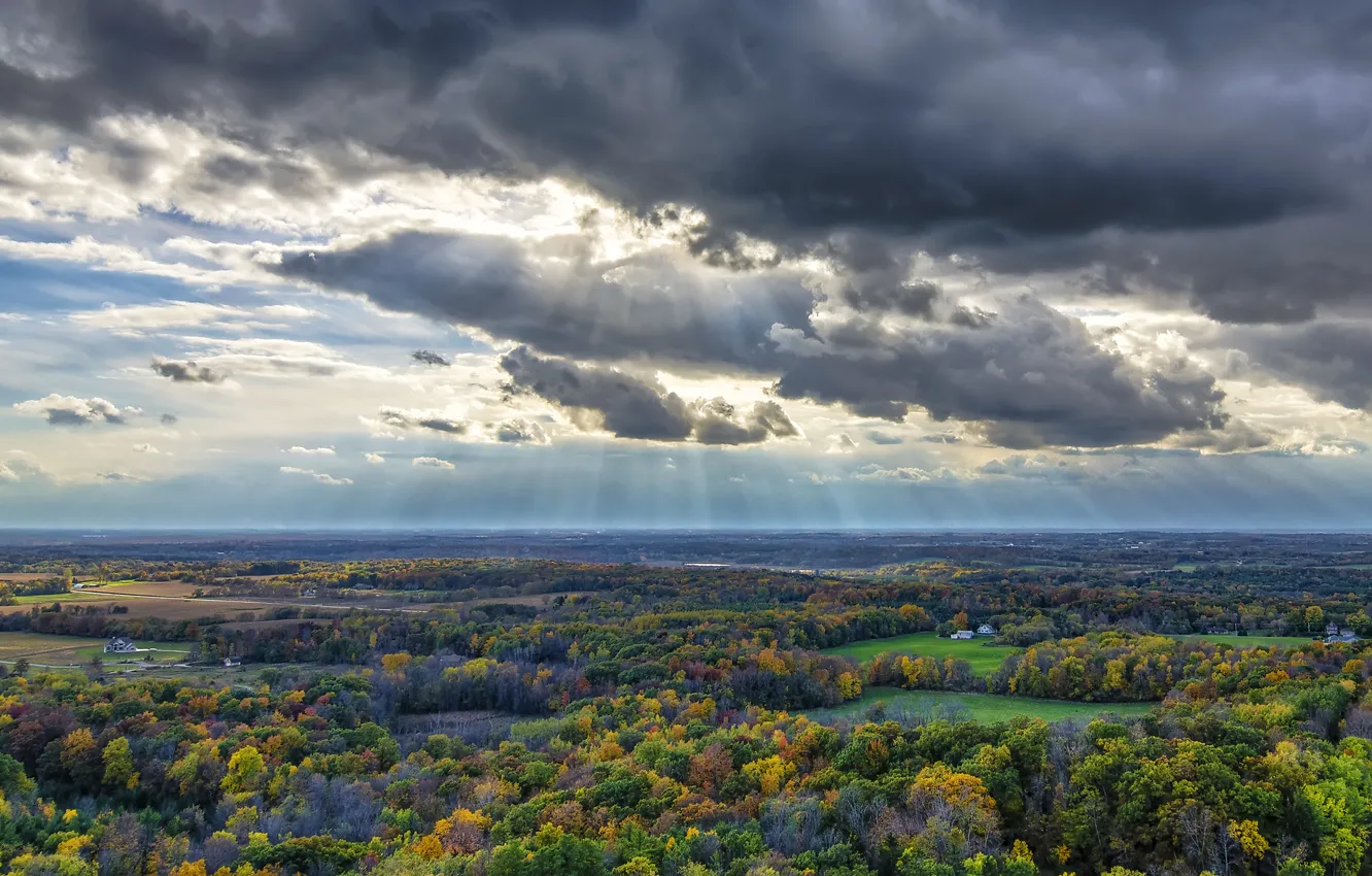 Photo wallpaper autumn, clouds, Wisconsin, USA, the rays of the sun, storm, Erin