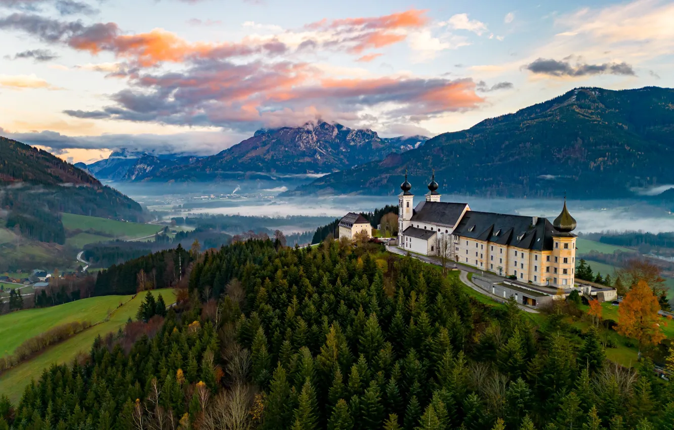 Photo wallpaper forest, mountains, height, Alps, Church