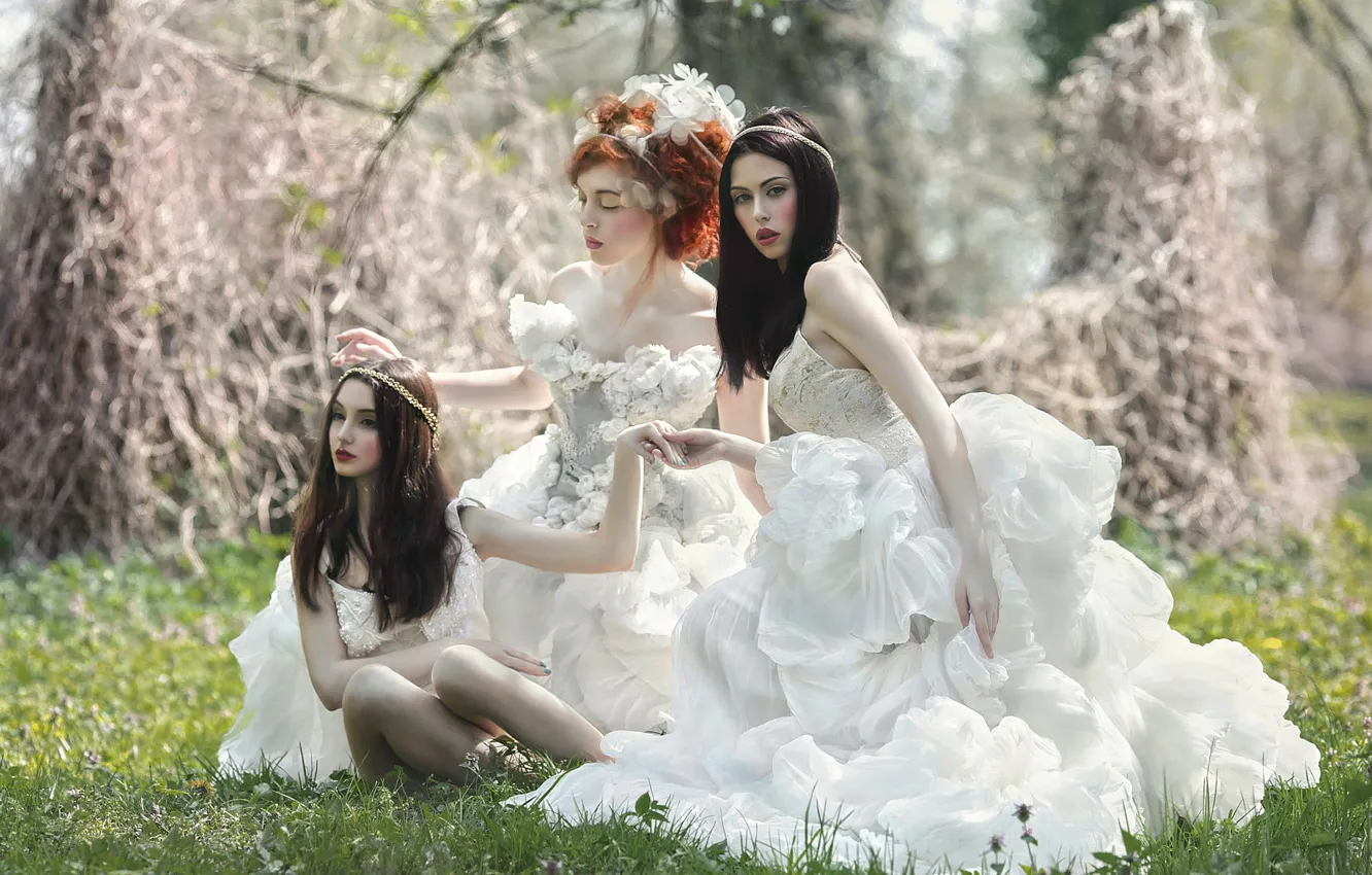 Photo wallpaper fantasy, art, three girls, Agnieszka Lorek, Romantic day