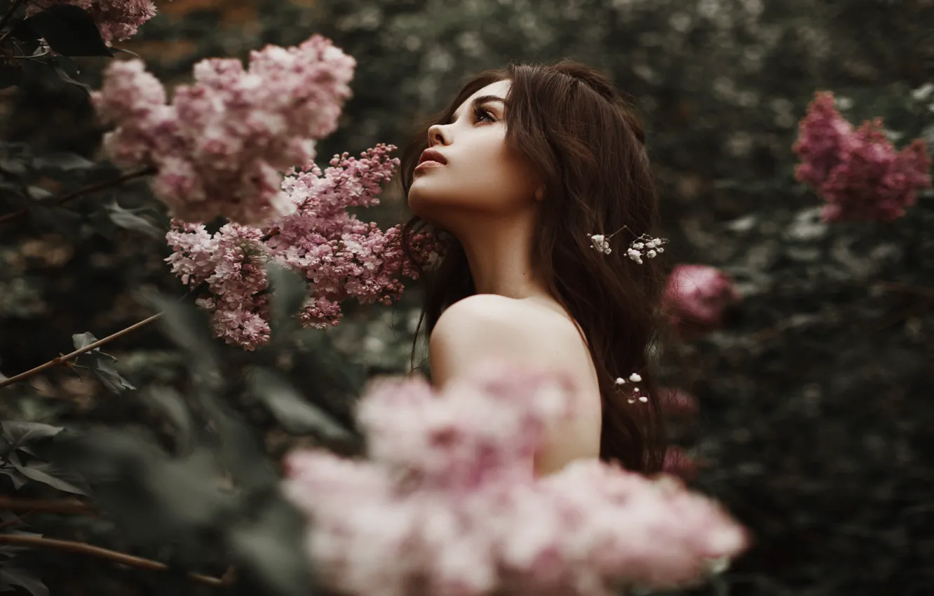 Photo wallpaper look, girl, pose, hairstyle, flowers, shoulders, Alexander Sasin, Anastasia Chikanova