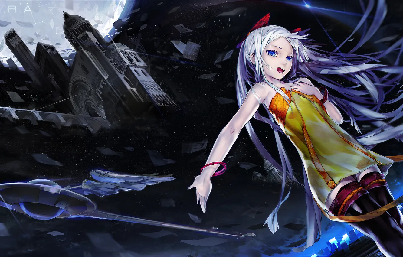 Photo wallpaper girl, the inscription, the moon, dress, girl, long hair, white hair, art