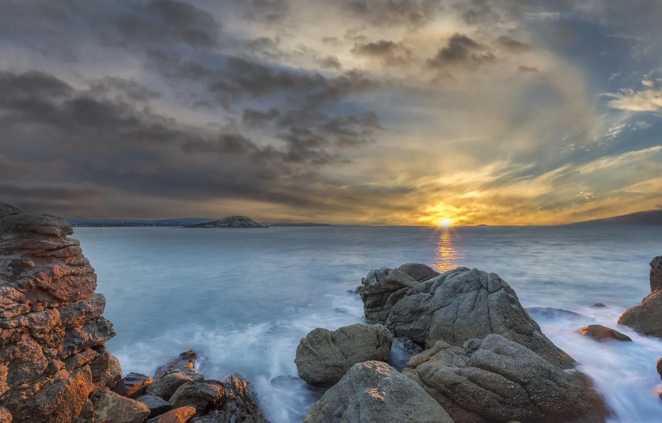 Photo wallpaper sea, the sky, water, the sun, clouds, reflection, sunrise, rocks